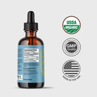 Back of the label of HempLucid Full-spectrum CBD Tincture on MCT Oil bottle, next to the USDA Organic icon, a GMP Quality icon, and a 'Made in the USA' icon