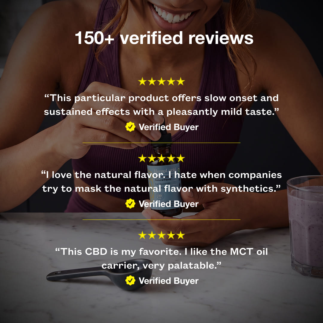 A promotional graphic with a smiling woman holding a HempLucid Full-spectrum CBD Tincture in MCT Oil bottle as she makes a protein shake, overlaid with text reading '150+ verified reviews': “This particular product offers slow onset and sustained effects with a pleasantly mild taste.” -verified buyer
“I love the natural flavor. I hate when companies try to mask the natural flavor with synthetics.” verified buyer “This CBD is my favorite. I like the MCT oil carrier, very palatable.” -verified buyer