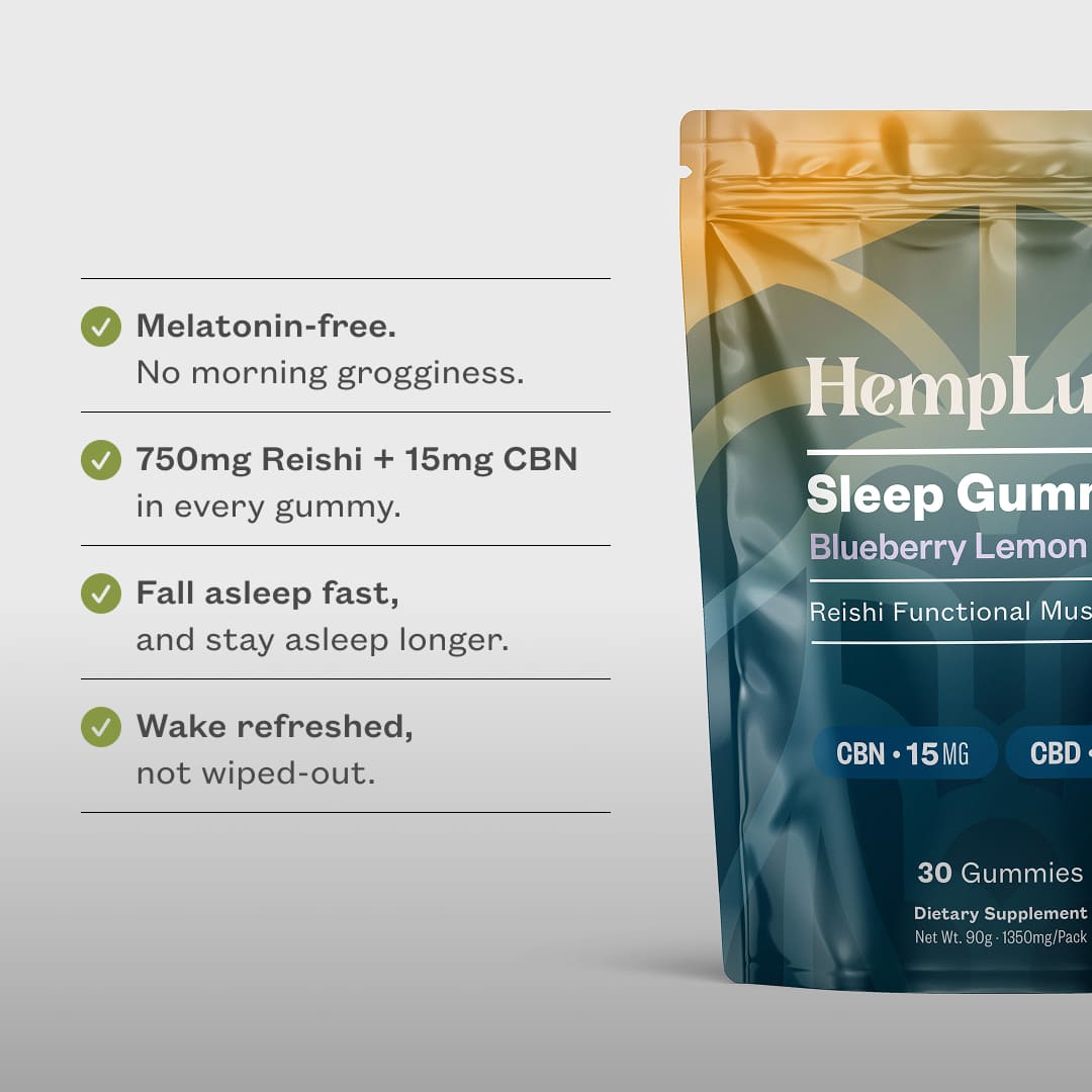 HempLucid Sleep Gummies bag beside a list of features: melatonin-free, 750 mg reishi and 15 mg CBN per gummy.