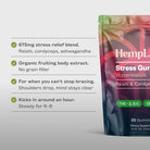 An infographic withe a list next to a standing bag of HempLucid Stress Gummies. The text reads, "675mg stress relief blend
Reishi, cordyceps, ashwagandha. Organic fruiting body extract. No grain filler
For when you can't stop bracing.  Shoulders drop, mind stays clear
Kicks in around an hour. 
Steady for 6–8