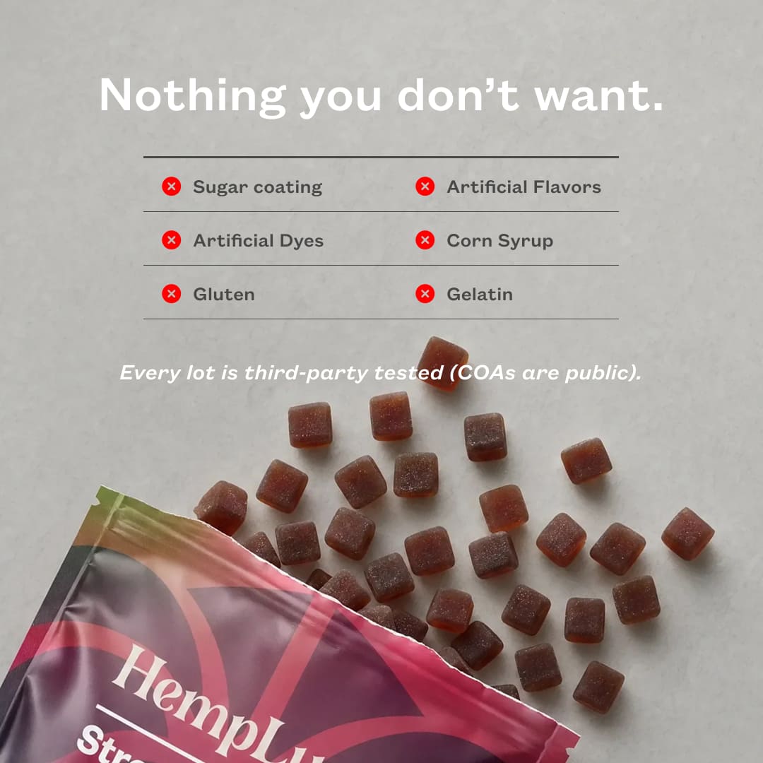 An info graphic of an open 30ct bag of HempLucid Stress Gummies spilling onto the counter with text overlaid that reads, "Nothing you don't want." With a list: no sugar coating, no artificial flavors, no artificial dyes, no corn syrup, no gluten, and no gelatin