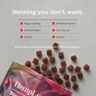 An info graphic of an open 30ct bag of HempLucid Stress Gummies spilling onto the counter with text overlaid that reads, "Nothing you don't want." With a list: no sugar coating, no artificial flavors, no artificial dyes, no corn syrup, no gluten, and no gelatin