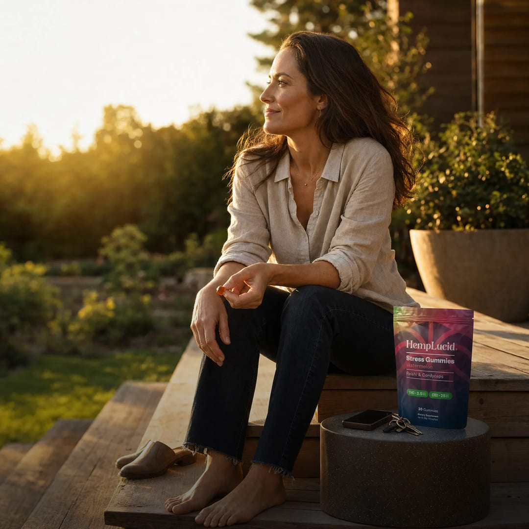 A woman sits barefoot on wooden steps outdoors at sunset, holding a gummy cube in her hand with a 30CT bag of HempLucid Stress Gummies next to her. The scene is warmly lit with natural sunlight and a garden background.