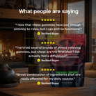 an infographic of testimonials over a stilllife image of HempLucid Stress Gummies on a coffee table. Text reads, "what peopla re saying." “I love that these gummies have just enough potency to relax, but I can still be functional.” -verified buyer “I've tried several brands of stress relieving gummies, but these are the first that I can actually feel a difference!” -verified buyer “Great combination of ingredients that are really effective for my daily routine.” - verified buyer