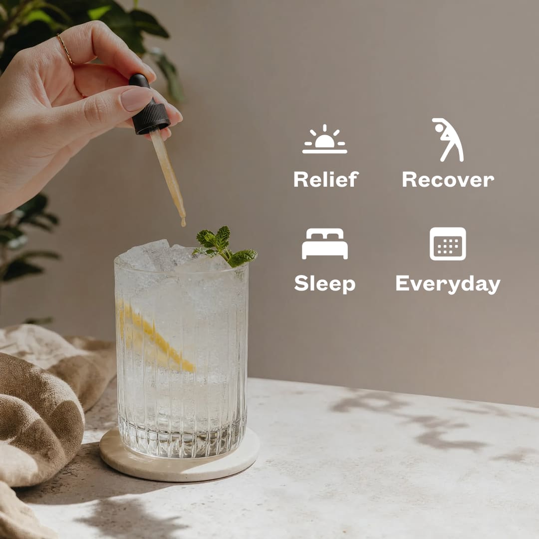 Relief. Recover. Sleep. Everyday. A hasnd holding an eyedropper as it drips into a refreshing drink on a counter.
