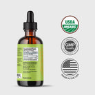 The back panel of the amber HempLucid water soluble CBD tincture bottle with an eyedropper. USDA Organic badge, GMP Quality–Good Manufacturing Practices Certification. Made in the USA.