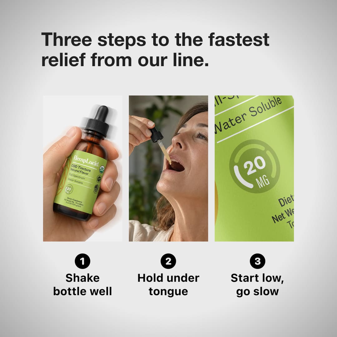 Three steps to the fastest relief from our line. 1) Shake well, 2) Hold under tongue, and 3) Start low, go slow