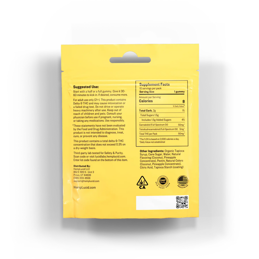 HempLucid D9 THC Gummies Piña Colada - Full Spectrum back view with supplement facts, suggested use, and ingredient details.