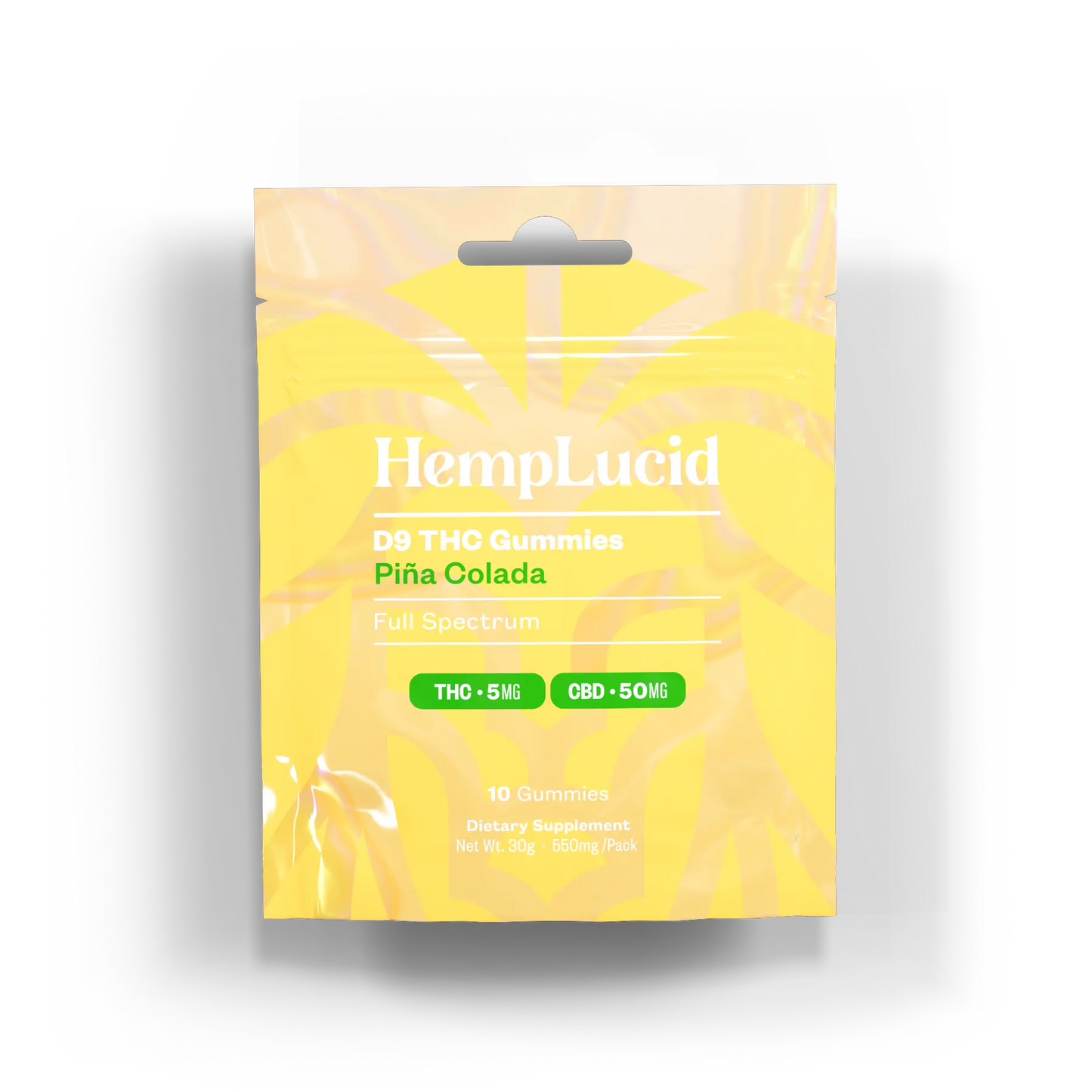 HempLucid D9 THC Gummies Piña Colada - Full Spectrum front view. 10 gummies per pack with 5mg THC and 50mg CBD per gummy.