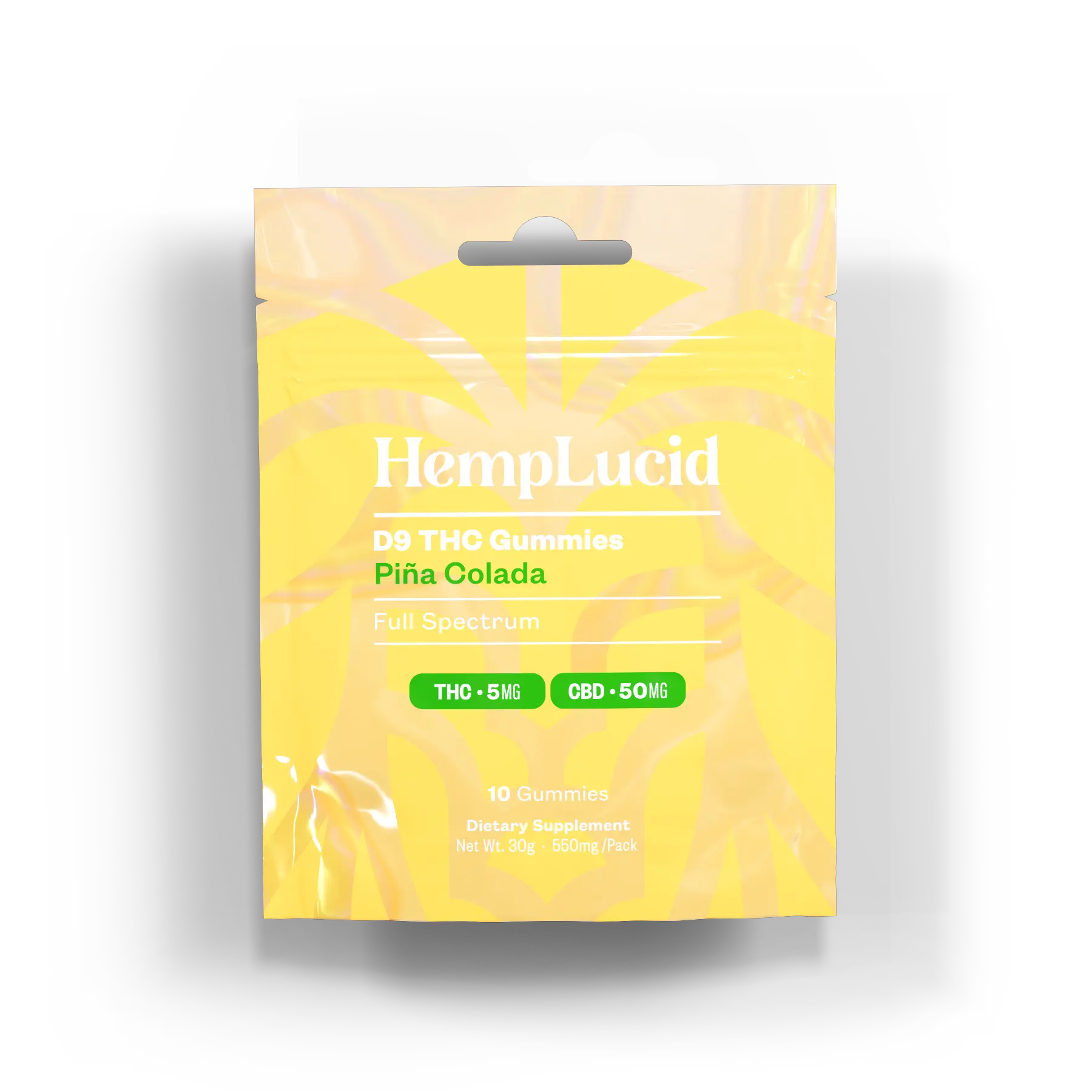 HempLucid D9 THC Gummies Piña Colada - Full Spectrum front view. 10 gummies per pack with 5mg THC and 50mg CBD per gummy.