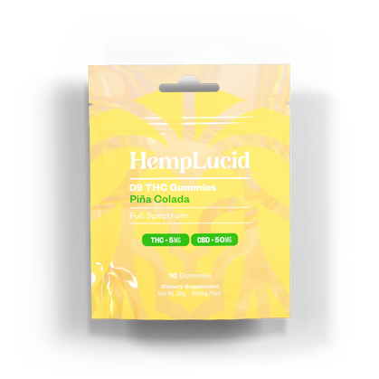 HempLucid D9 THC Gummies Piña Colada - Full Spectrum front view. 10 gummies per pack with 5mg THC and 50mg CBD per gummy.