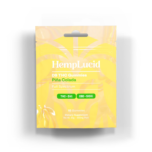HempLucid D9 THC Gummies Piña Colada - Full Spectrum front view. 10 gummies per pack with 5mg THC and 50mg CBD per gummy.