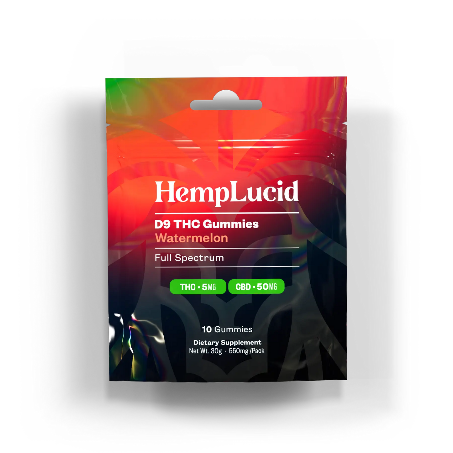 Front view of HempLucid D9 THC Watermelon Gummies pouch, featuring full-spectrum THC and CBD, 10 gummies per pack.