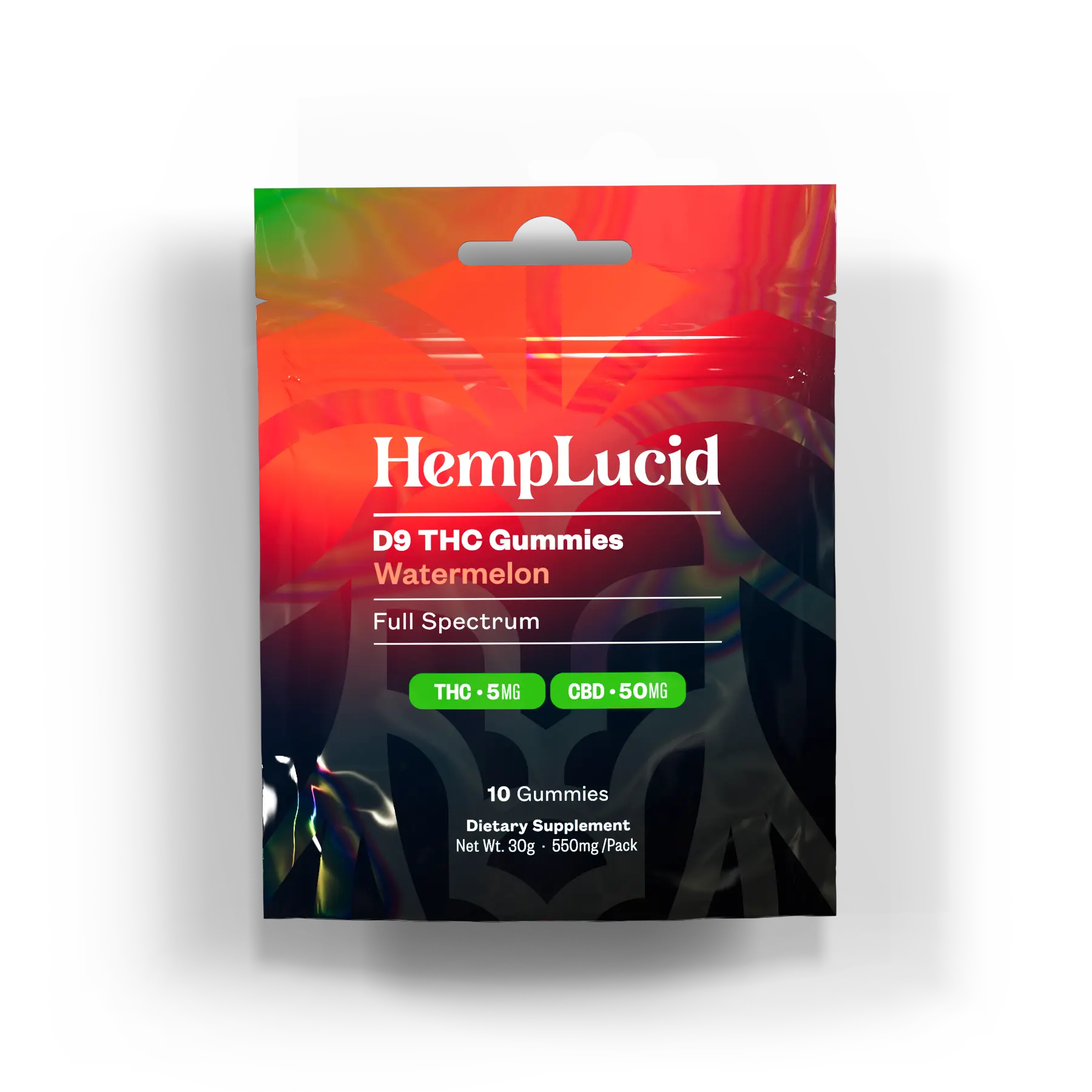 Front view of HempLucid D9 THC Watermelon Gummies pouch, featuring full-spectrum THC and CBD, 10 gummies per pack.