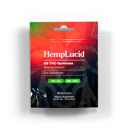 Front view of HempLucid D9 THC Watermelon Gummies pouch, featuring full-spectrum THC and CBD, 10 gummies per pack.