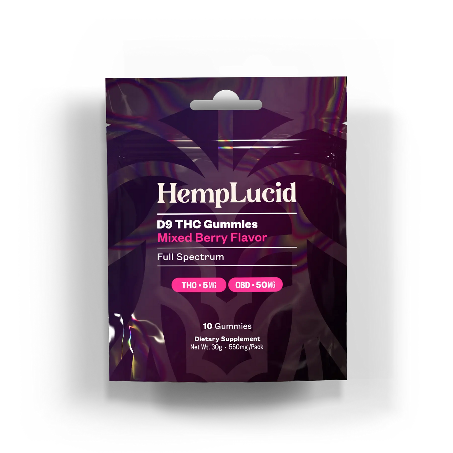 A package of HempLucid D9 THC Gummies in Mixed Berry flavor, featuring a sleek purple design with details about 5mg THC and 50mg CBD per gummy. The pack contains 10 gummies, full spectrum, and is labeled as a dietary supplement