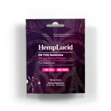 A package of HempLucid D9 THC Gummies in Mixed Berry flavor, featuring a sleek purple design with details about 5mg THC and 50mg CBD per gummy. The pack contains 10 gummies, full spectrum, and is labeled as a dietary supplement