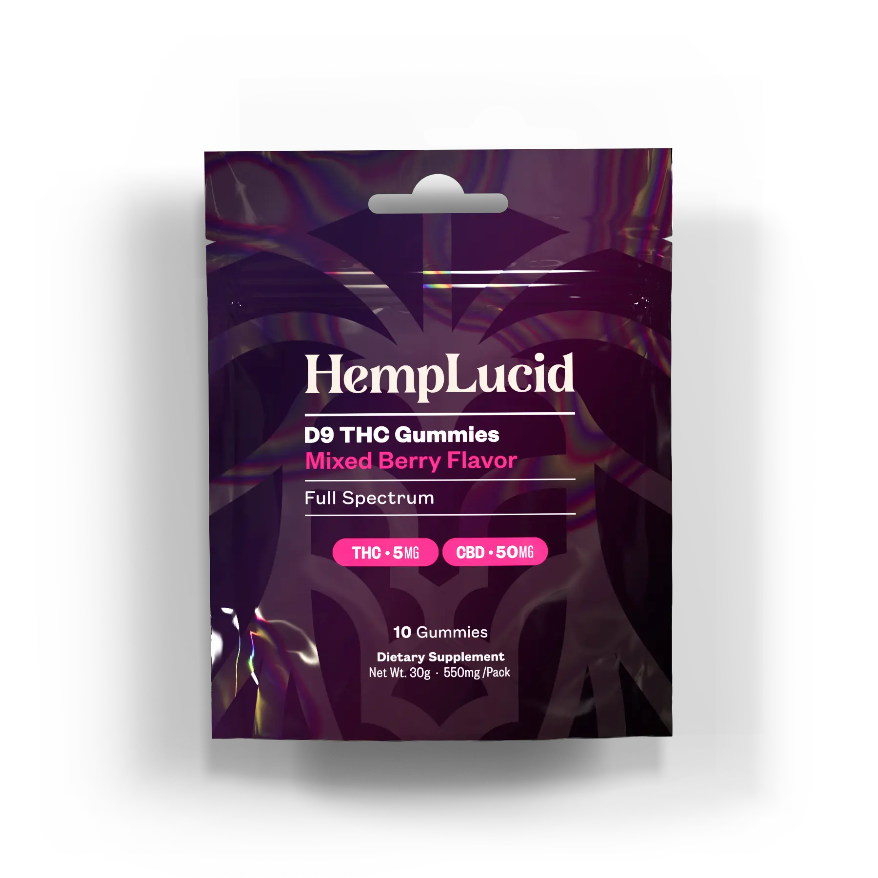 A package of HempLucid D9 THC Gummies in Mixed Berry flavor, featuring a sleek purple design with details about 5mg THC and 50mg CBD per gummy. The pack contains 10 gummies, full spectrum, and is labeled as a dietary supplement