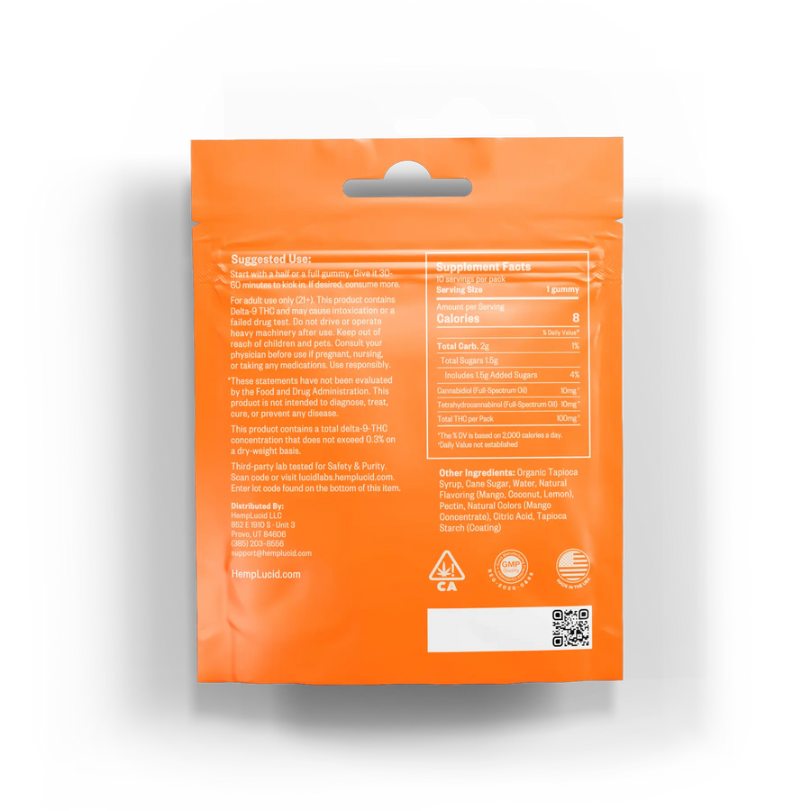 Back view of HempLucid D9 THC Gummies - Tropical Paradise, showcasing supplement facts, suggested use, and ingredients for the 10-count pack of THC and CBD gummies.