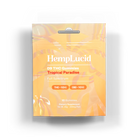 Front view of HempLucid D9 THC Gummies - Tropical Paradise, featuring vibrant orange packaging with 10mg THC and 10mg CBD per gummy. Full Spectrum dietary supplement with 10 gummies per pack.