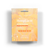 Front view of HempLucid D9 THC Gummies - Tropical Paradise, featuring vibrant orange packaging with 10mg THC and 10mg CBD per gummy. Full Spectrum dietary supplement with 10 gummies per pack.