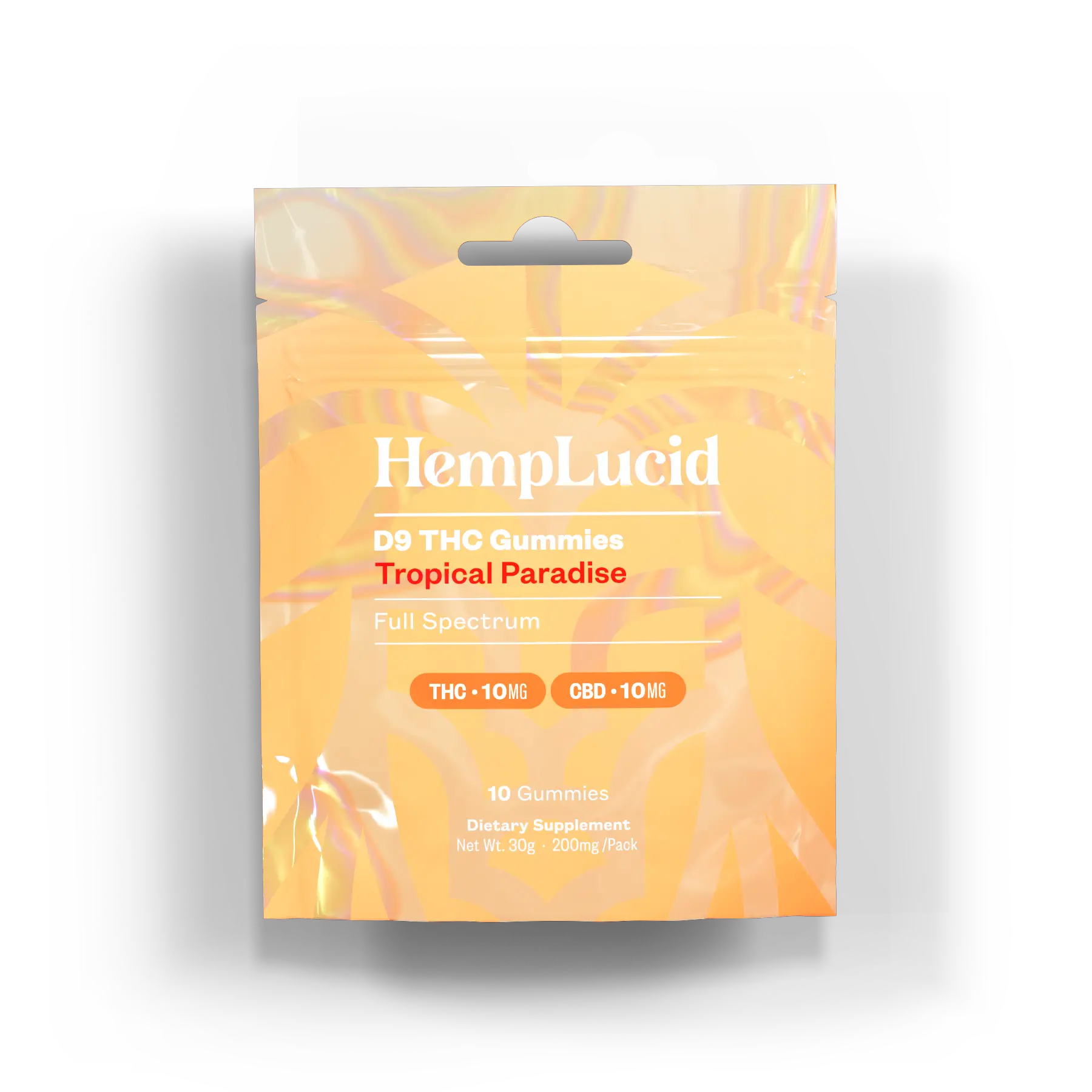 Front view of HempLucid D9 THC Gummies - Tropical Paradise, featuring vibrant orange packaging with 10mg THC and 10mg CBD per gummy. Full Spectrum dietary supplement with 10 gummies per pack.