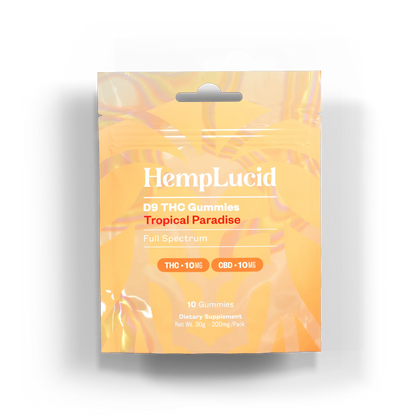 Front view of HempLucid D9 THC Gummies - Tropical Paradise, featuring vibrant orange packaging with 10mg THC and 10mg CBD per gummy. Full Spectrum dietary supplement with 10 gummies per pack.